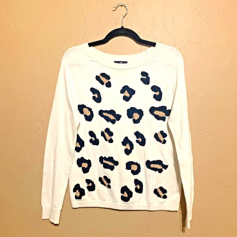 Novelty Sweater Leopard Print Front Only Boat Neck White Black & Tan Sz M Y2K